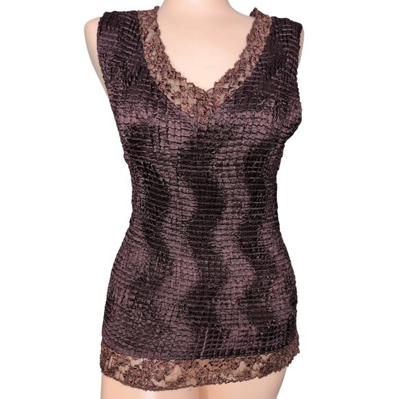 Vintage Y2K Crinkle Top Women Medium Textured Stretch Cami Tank Lace Trim Grunge - Picture 1 of 5